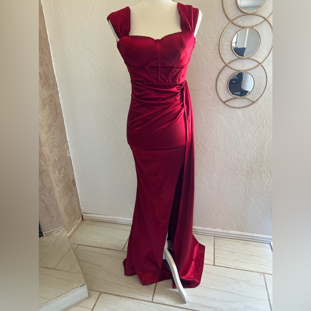 SLIT THIGH DRAPED SIDE BUSTIER SATIN BURGUNDY DRESS - Picture 2 of 13